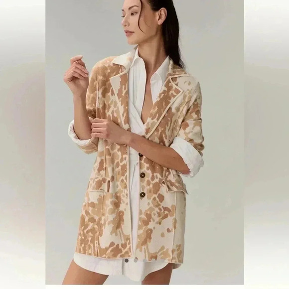 By Anthropologie XS longline cracker jacquard cardigan sweater white tan print - Picture 1 of 13
